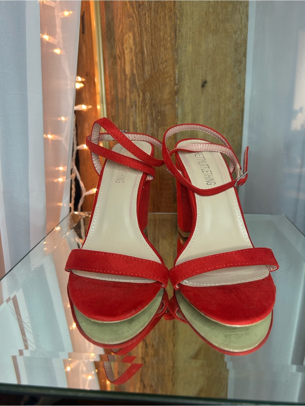 PRETTYLITTLETHING Red Suede Ankle Wrap Strap with Silver Buckle Heels